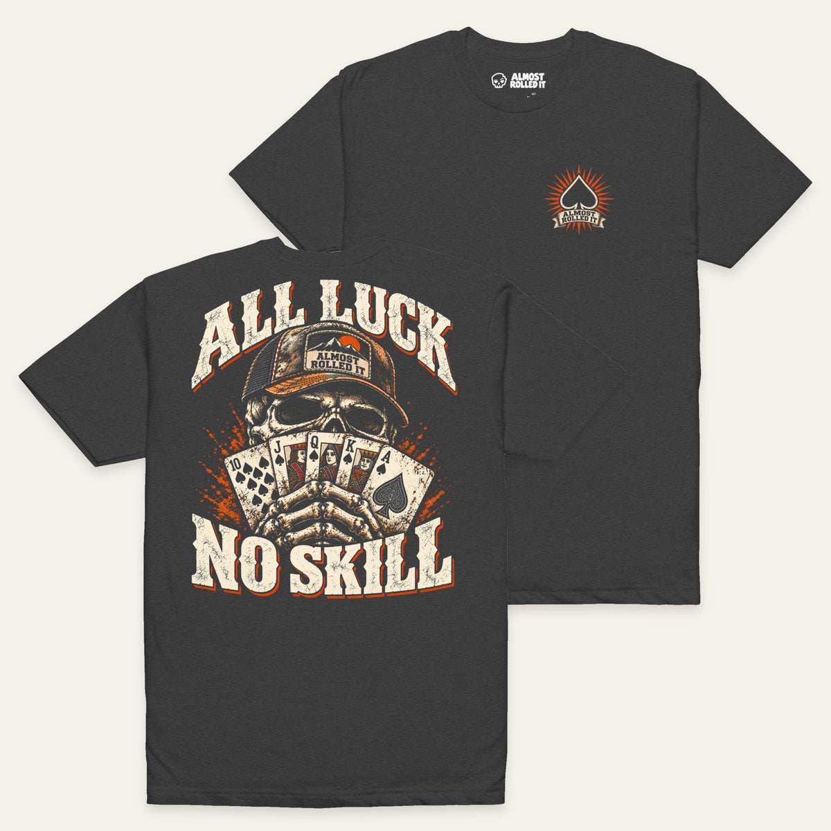 All Luck No Skill Tee in Charcoal — paired flat lay, back lower left and front upper right. Supplier-derived product mockup.