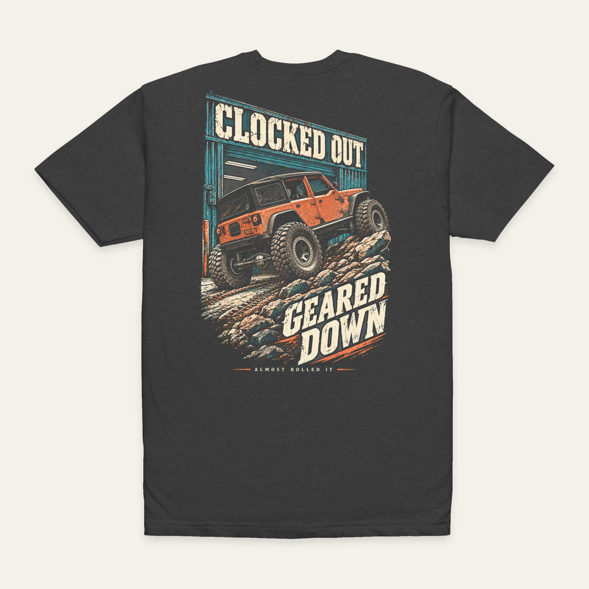 Clocked out Geared Down Tee in Charcoal — back flat lay. Supplier-derived product mockup; artwork and placement preserved.
