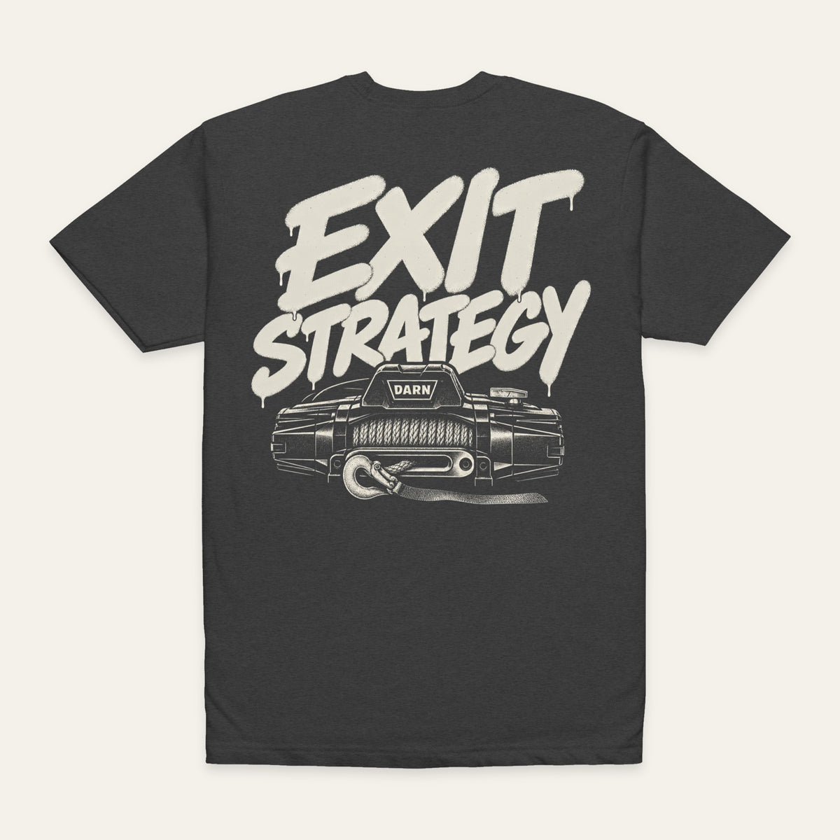Exit Strategy Tee in Charcoal — back flat lay. Supplier-derived product mockup; artwork and placement preserved.