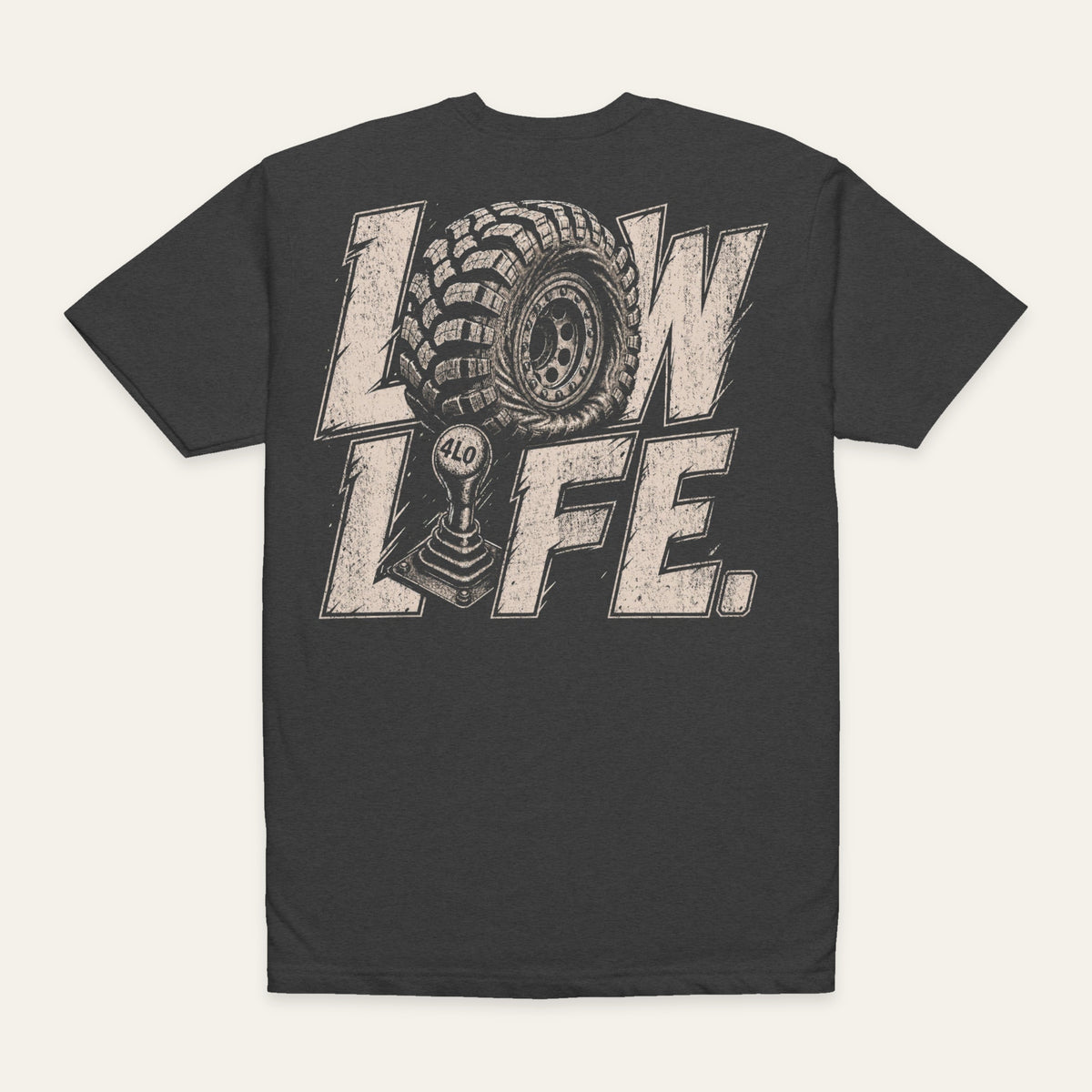 Low Life Tee in Charcoal — back flat lay. Supplier-derived product mockup; artwork and placement preserved.