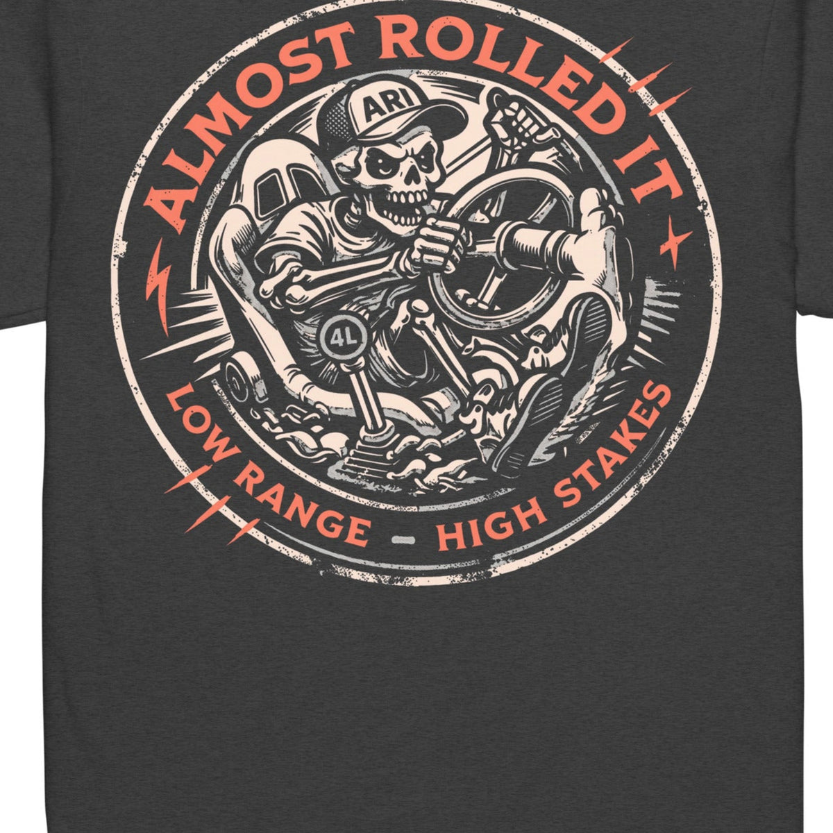 Skull Driver Tee in Charcoal — artwork detail cropped from supplier mockup; not a physical print sample.