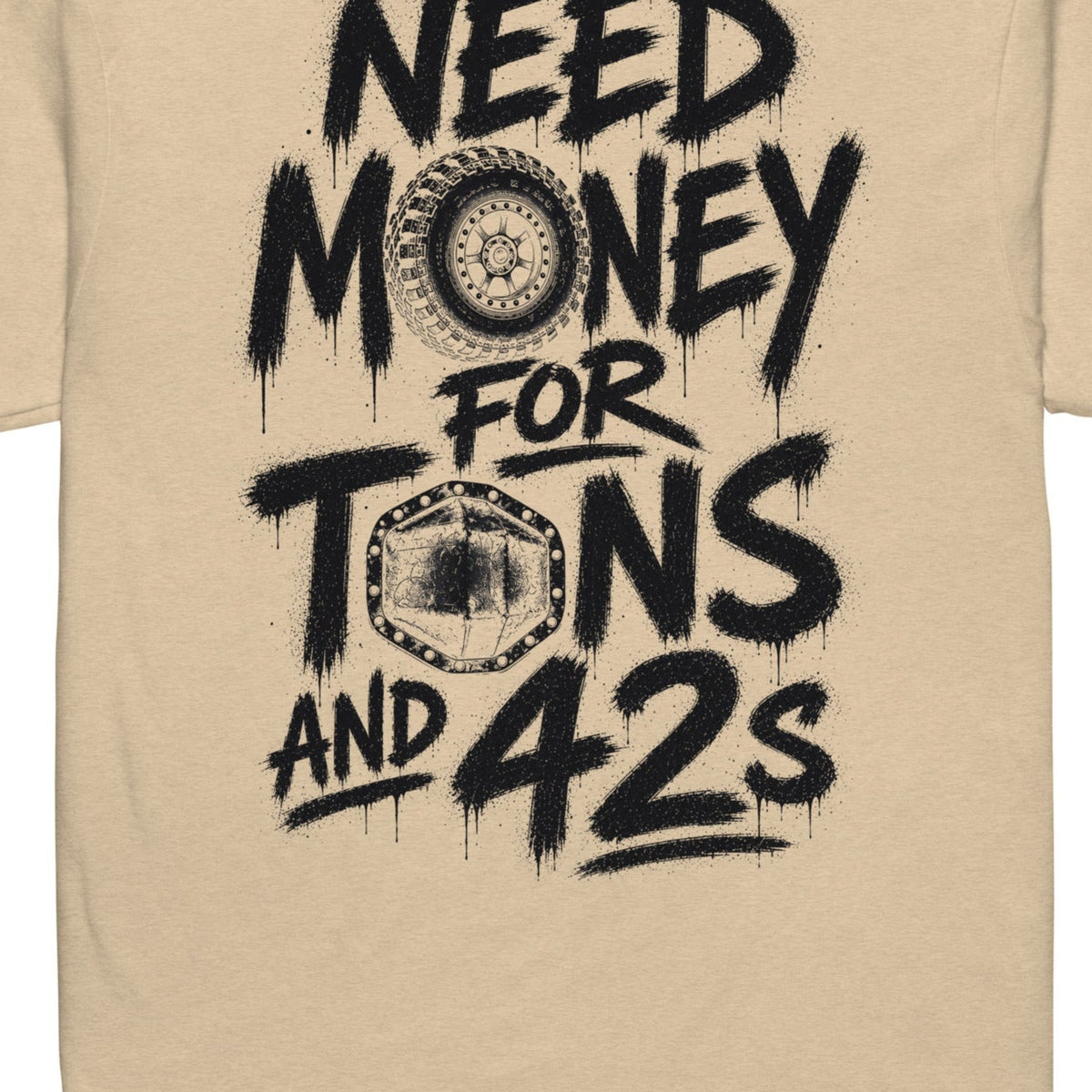 Tons and 42s Tee — Black Print in Heather Tan — artwork detail cropped from supplier mockup; not a physical print sample.