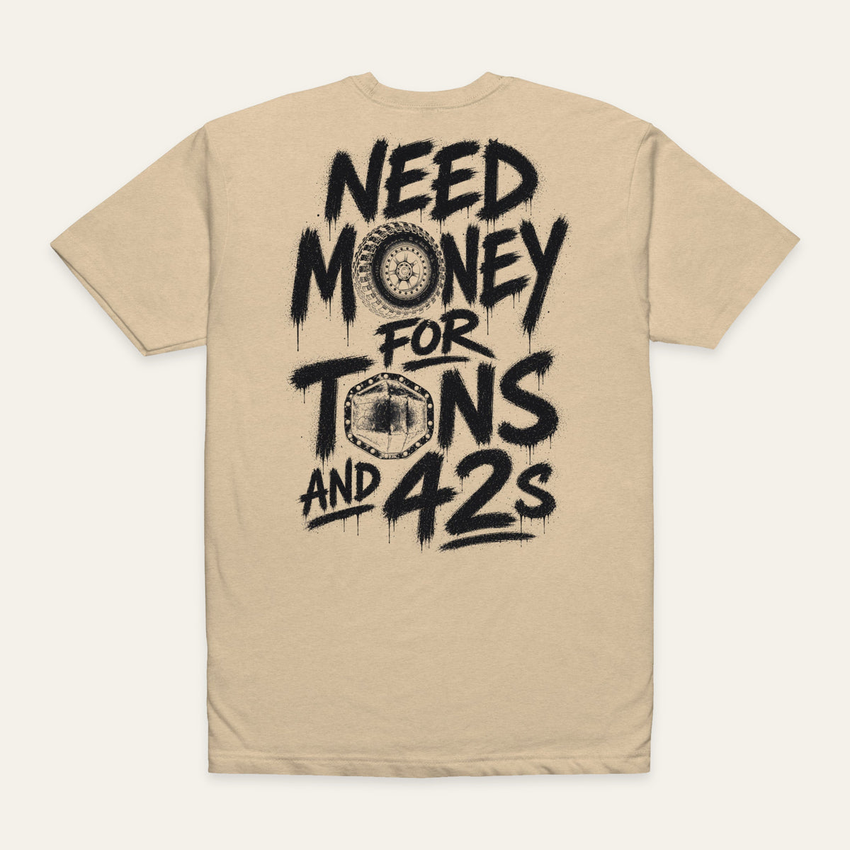 Tons and 42s Tee — Black Print in Heather Tan — back flat lay. Supplier-derived product mockup; artwork and placement preserved.