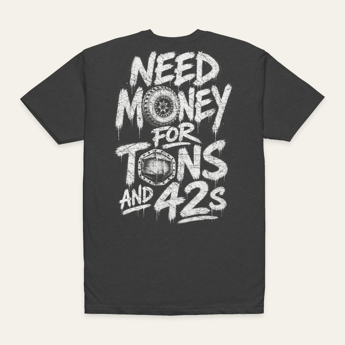 Tons and 42s Tee in Charcoal — back flat lay. Supplier-derived product mockup; artwork and placement preserved.