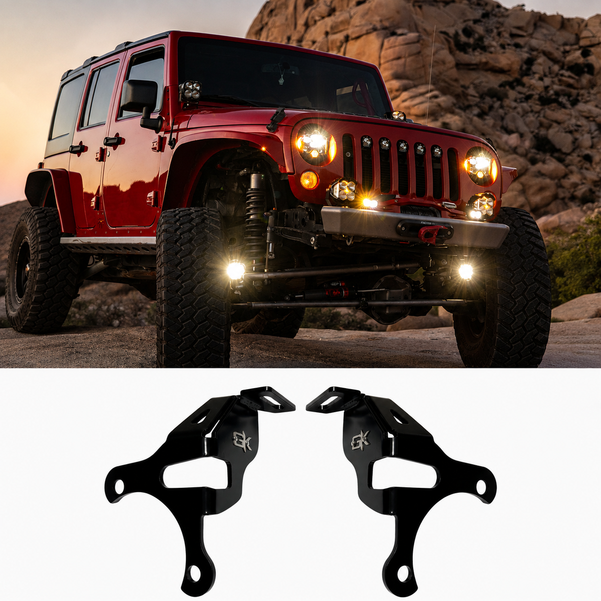 Jeep JL/JT with low-mounted lights above the pair of black GateKeeper brackets