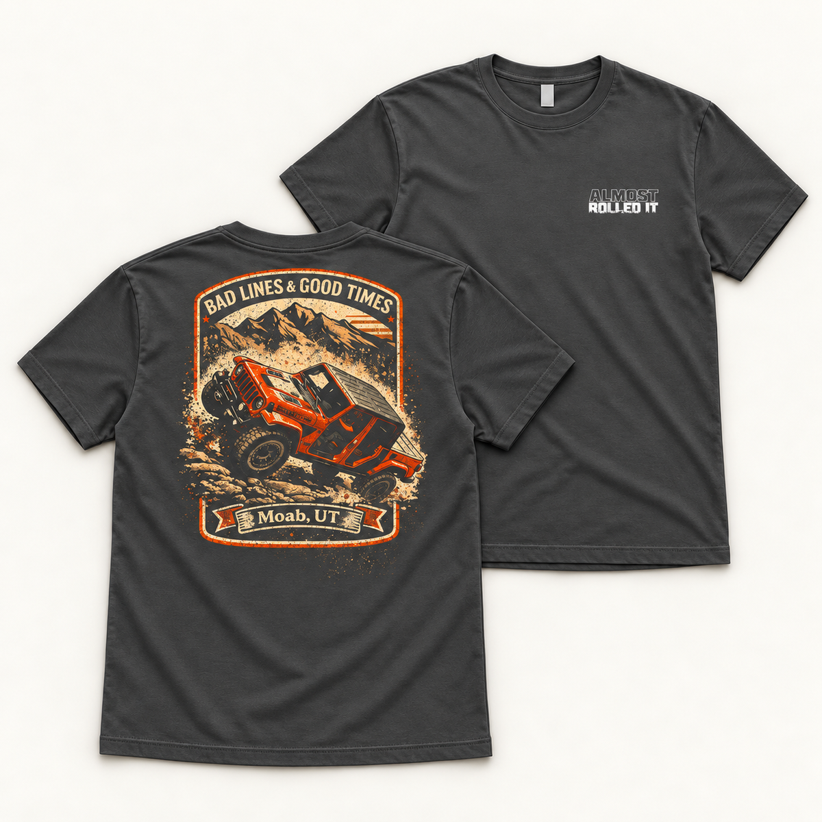 Custom tee design example: front and back of the Shibby Bad Lines & Good Times shirt. Your order is made with your approved custom design.