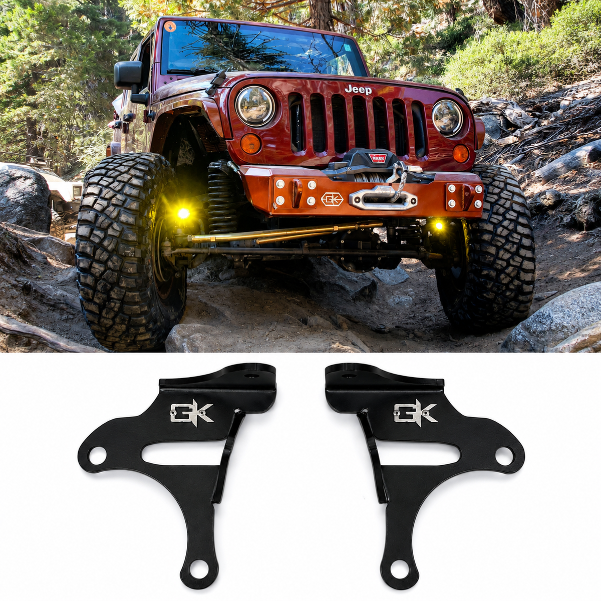 Jeep JK with low-mounted pod lights, shown above the pair of black GateKeeper brackets
