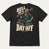 Day Off tee in Vintage Black, back flat lay showing Hell of a Day Off and a skeleton mechanic carrying a driveshaft.