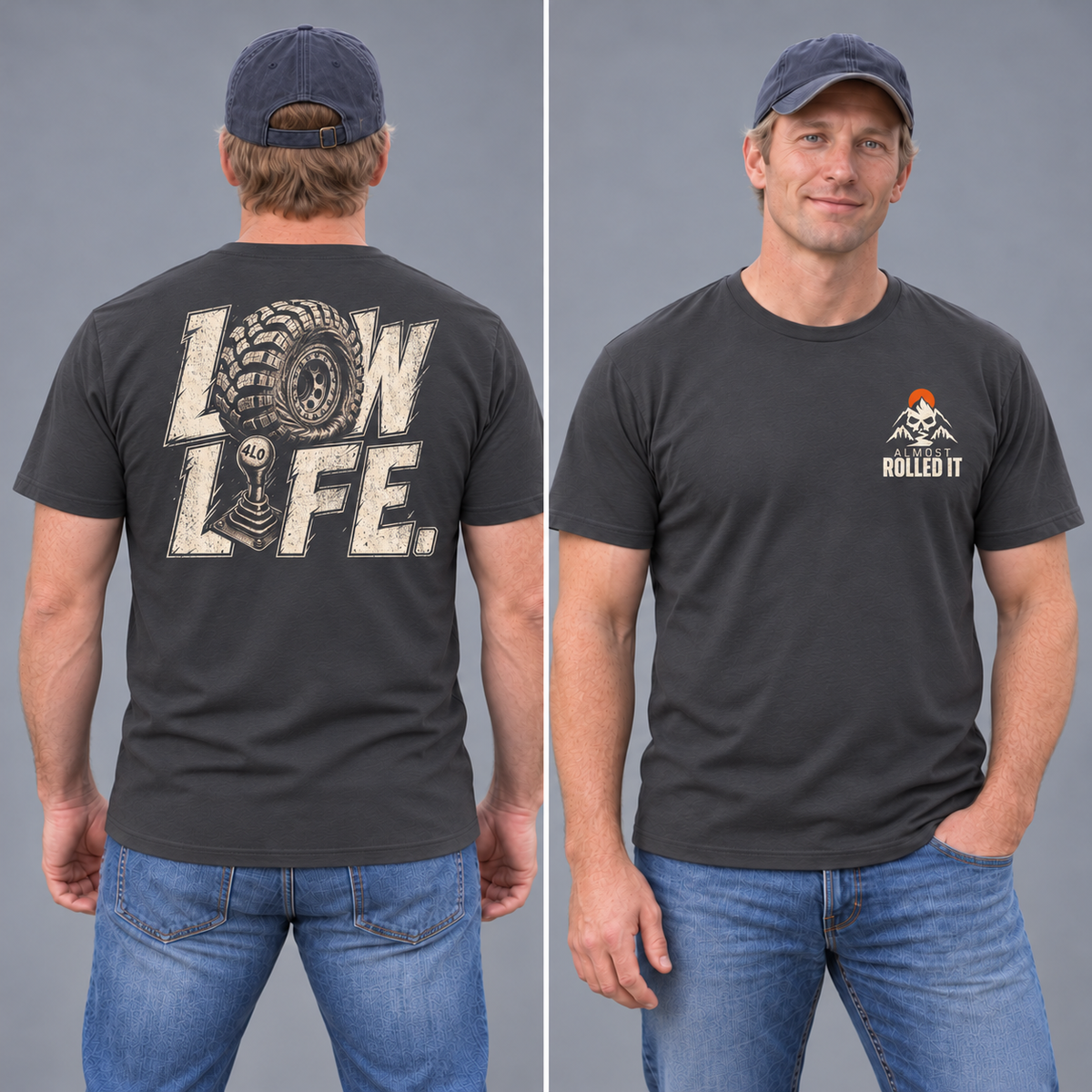 Clean-shaven male model showing front and back of the Dark Grey Low Life tee in a studio.