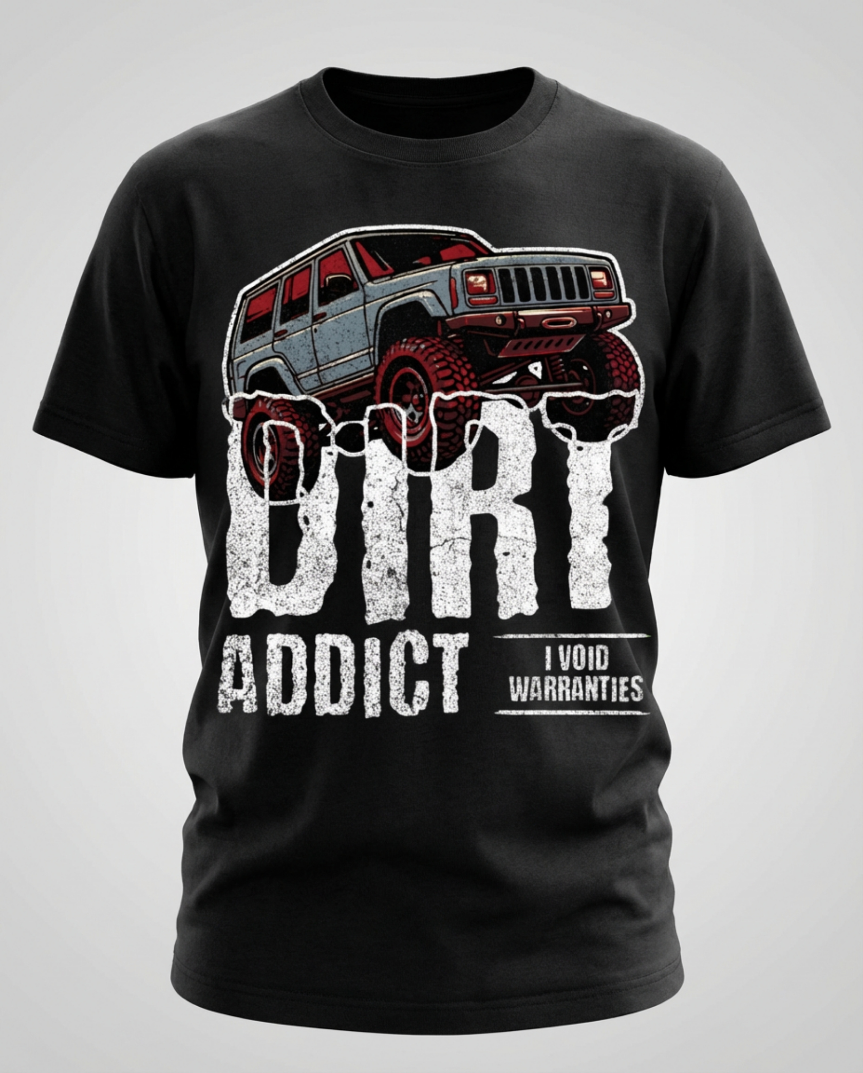 Dark charcoal gray t-shirt featuring a white graphic of a lifted Jeep Cherokee XJ captioned 'Dirt Addict.' - Charcoal Heather XJ Dirt Addict T-Shirt with distressed Jeep Cherokee graphic. - BLACK - FRONT