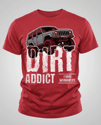 Dark charcoal gray t-shirt featuring a white graphic of a lifted Jeep Cherokee XJ captioned 'Dirt Addict.' - Charcoal Heather XJ Dirt Addict T-Shirt with distressed Jeep Cherokee graphic. - red - front