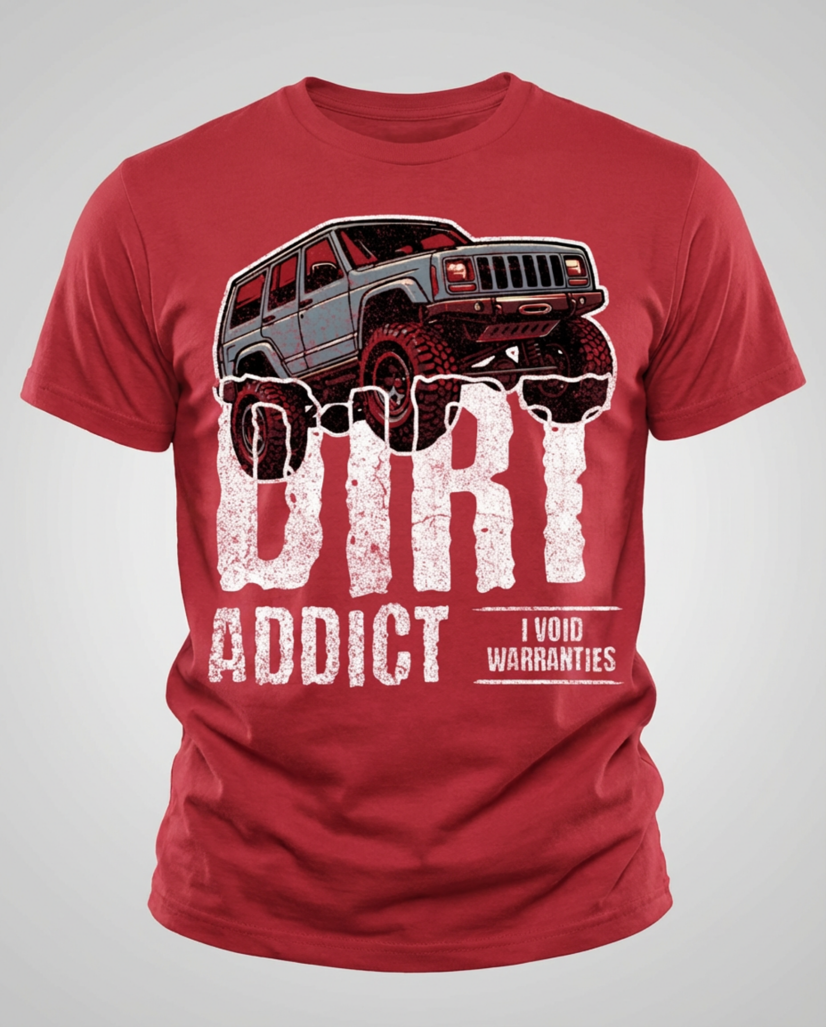 Dark charcoal gray t-shirt featuring a white graphic of a lifted Jeep Cherokee XJ captioned 'Dirt Addict.' - Charcoal Heather XJ Dirt Addict T-Shirt with distressed Jeep Cherokee graphic. - red - front