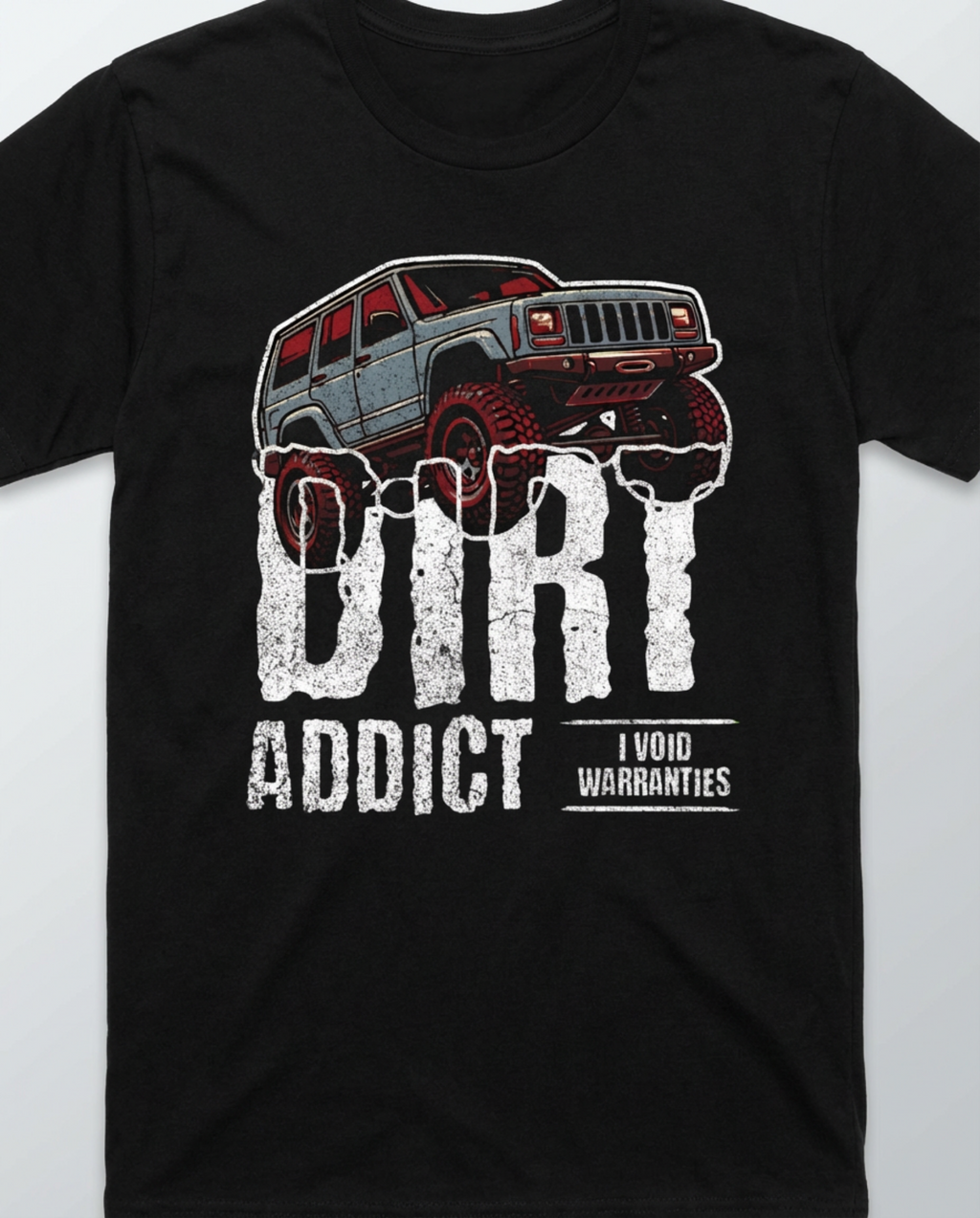 Dark charcoal gray t-shirt featuring a white graphic of a lifted Jeep Cherokee XJ captioned 'Dirt Addict.' - Charcoal Heather XJ Dirt Addict T-Shirt with distressed Jeep Cherokee graphic. - BLACK - FRONT