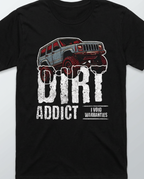Dark charcoal gray t-shirt featuring a white graphic of a lifted Jeep Cherokee XJ captioned 'Dirt Addict.' - Charcoal Heather XJ Dirt Addict T-Shirt with distressed Jeep Cherokee graphic. - BLACK - FRONT