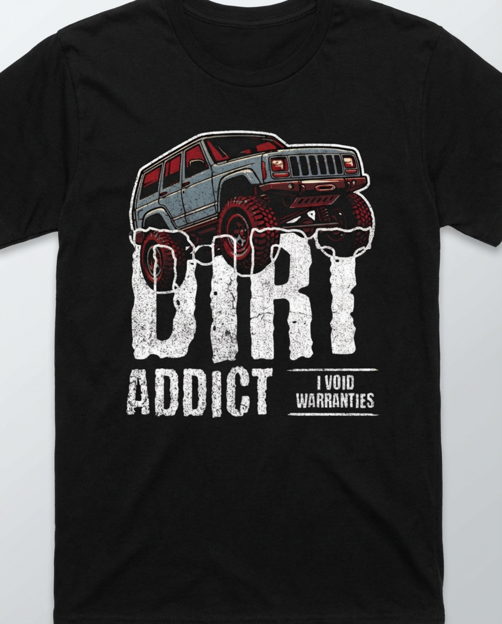 Dark charcoal gray t-shirt featuring a white graphic of a lifted Jeep Cherokee XJ captioned 'Dirt Addict.' - Charcoal Heather XJ Dirt Addict T-Shirt with distressed Jeep Cherokee graphic. - BLACK - FRONT