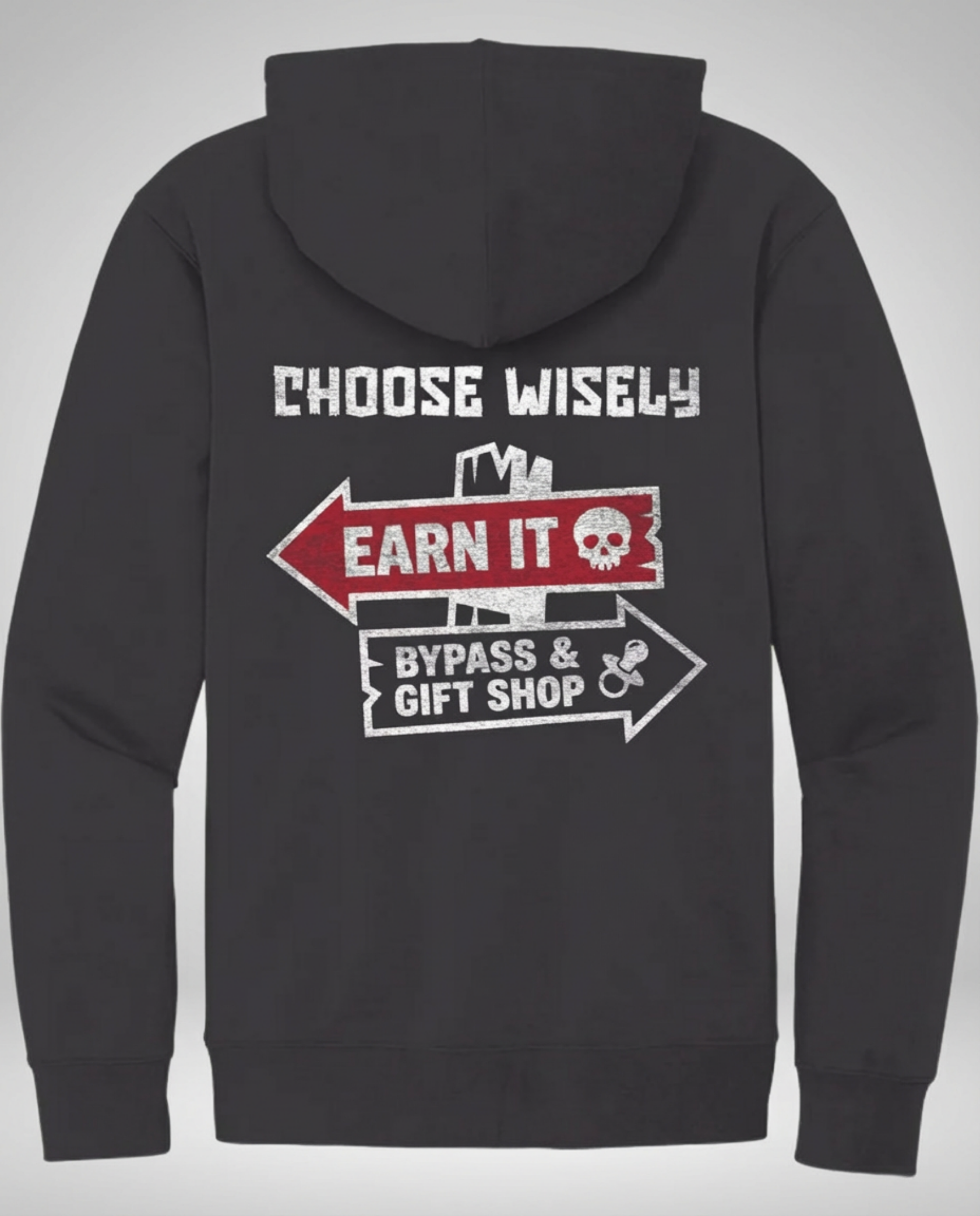 Dark charcoal full-zip hoodie featuring the Almost Rolled It 'Choose Wisely' skull and wrench graphic. - Black full-zip hoodie with the 'Choose Wisely' graphic for off-road enthusiasts. - ARI Choose Wisely Hoodie featuring a bold, weathered-style graphic that captures the gritty spirit of off-road life. - Black - Back View
