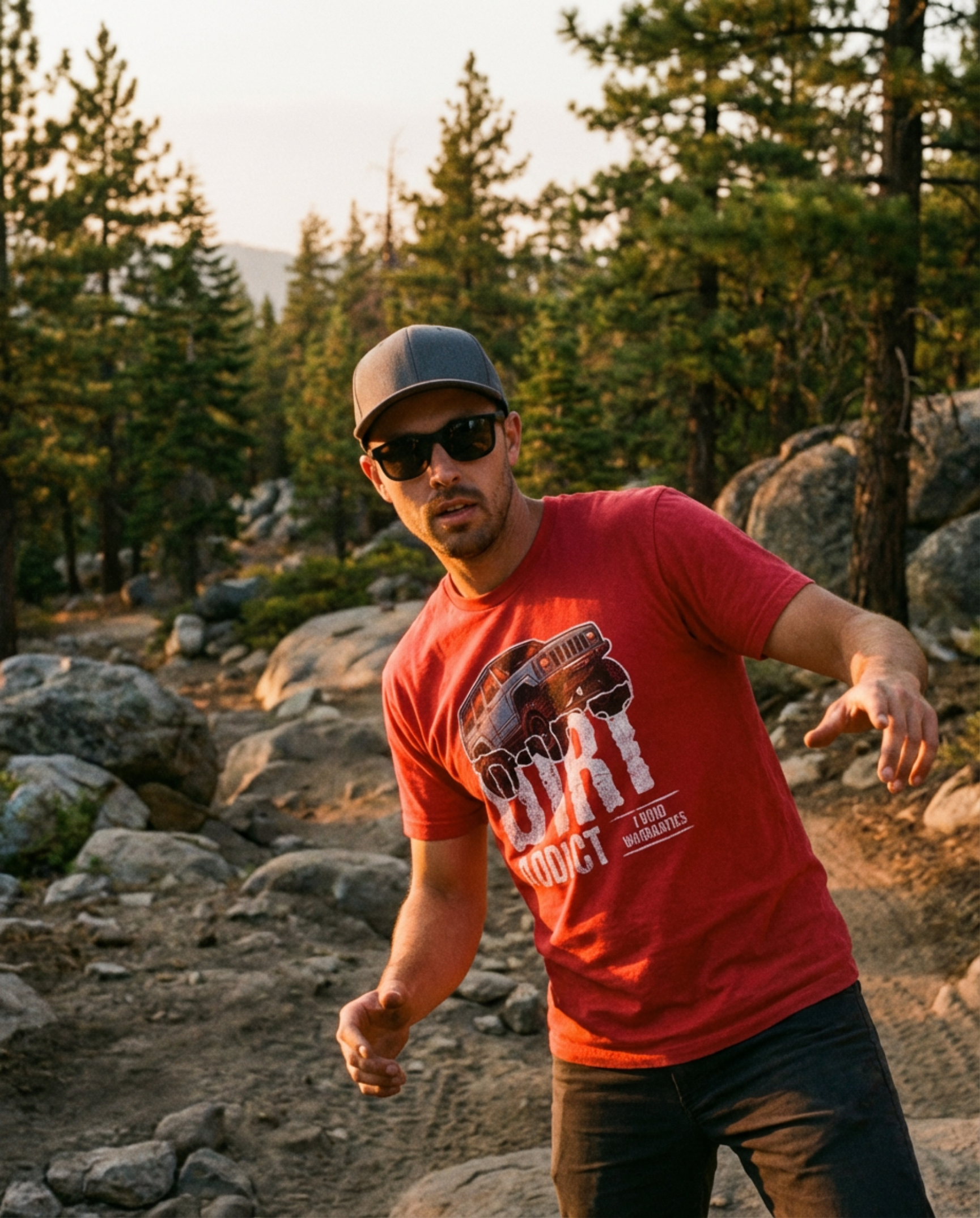 Dark charcoal gray t-shirt featuring a white graphic of a lifted Jeep Cherokee XJ captioned 'Dirt Addict.' - Charcoal Heather XJ Dirt Addict T-Shirt with distressed Jeep Cherokee graphic. - red - front