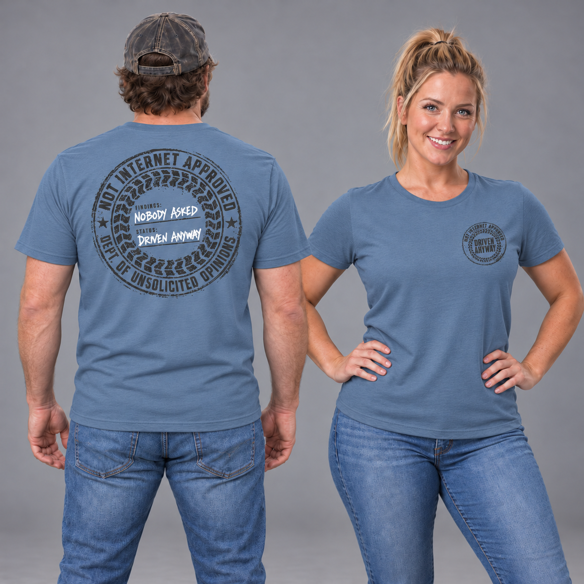 Male back and blonde female front studio views of the Nobody Asked tee in Slate blue.