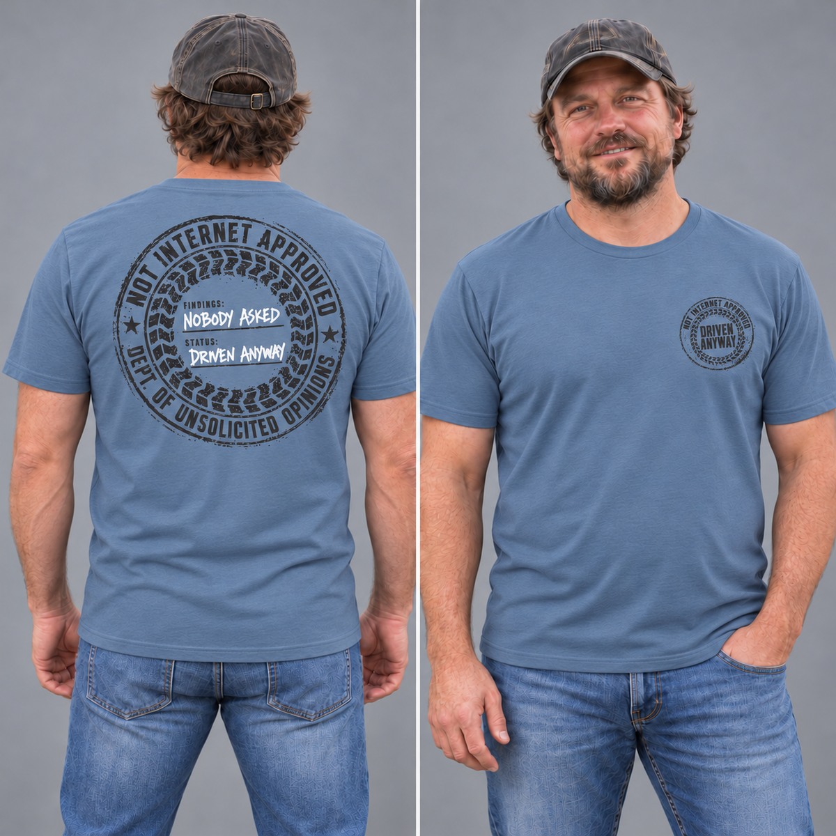 Scruffy male model showing front and back of the Nobody Asked tee in Slate blue.