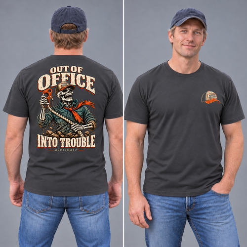 Clean-shaven male model showing front and back of the Out of Office tee in Dark Grey.