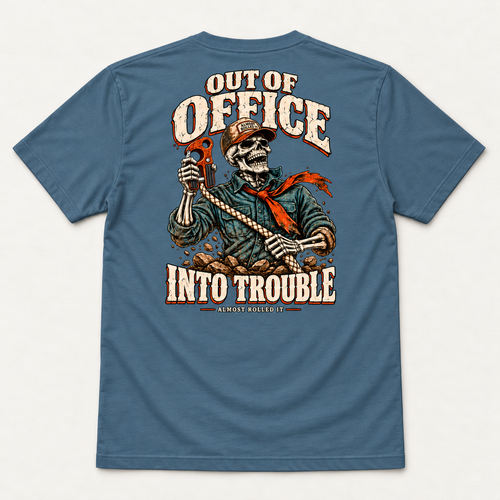Out of Office tee in Steel Blue, back flat lay showing the skeleton recovery graphic and Out of Office Into Trouble lettering.