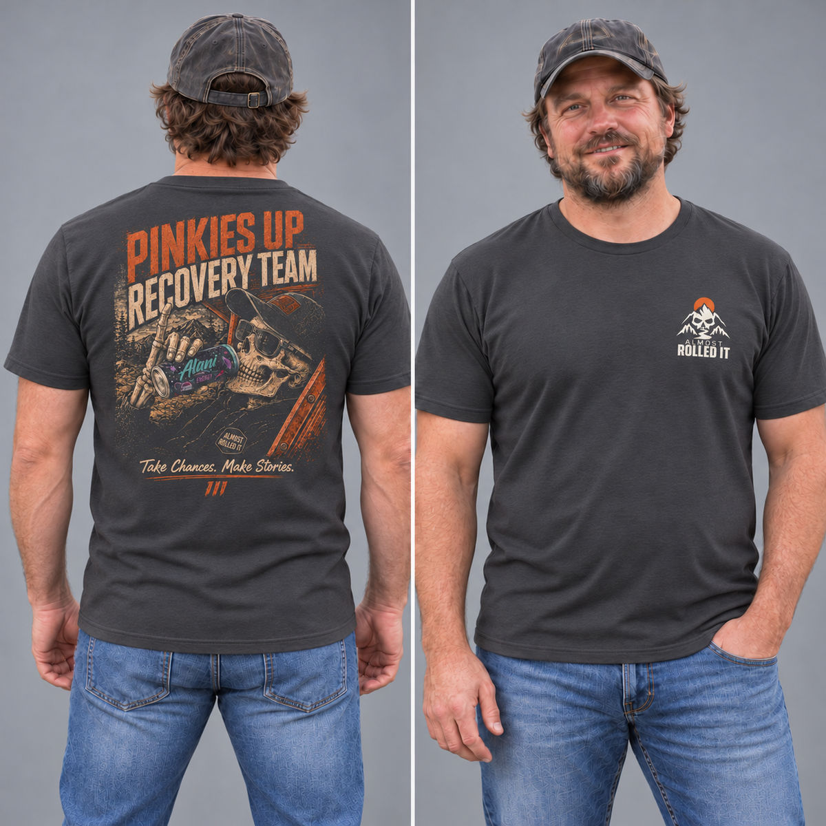Scruffy male model showing the front and back of the Dark Grey Pinkies Up Recovery Team tee in a studio.