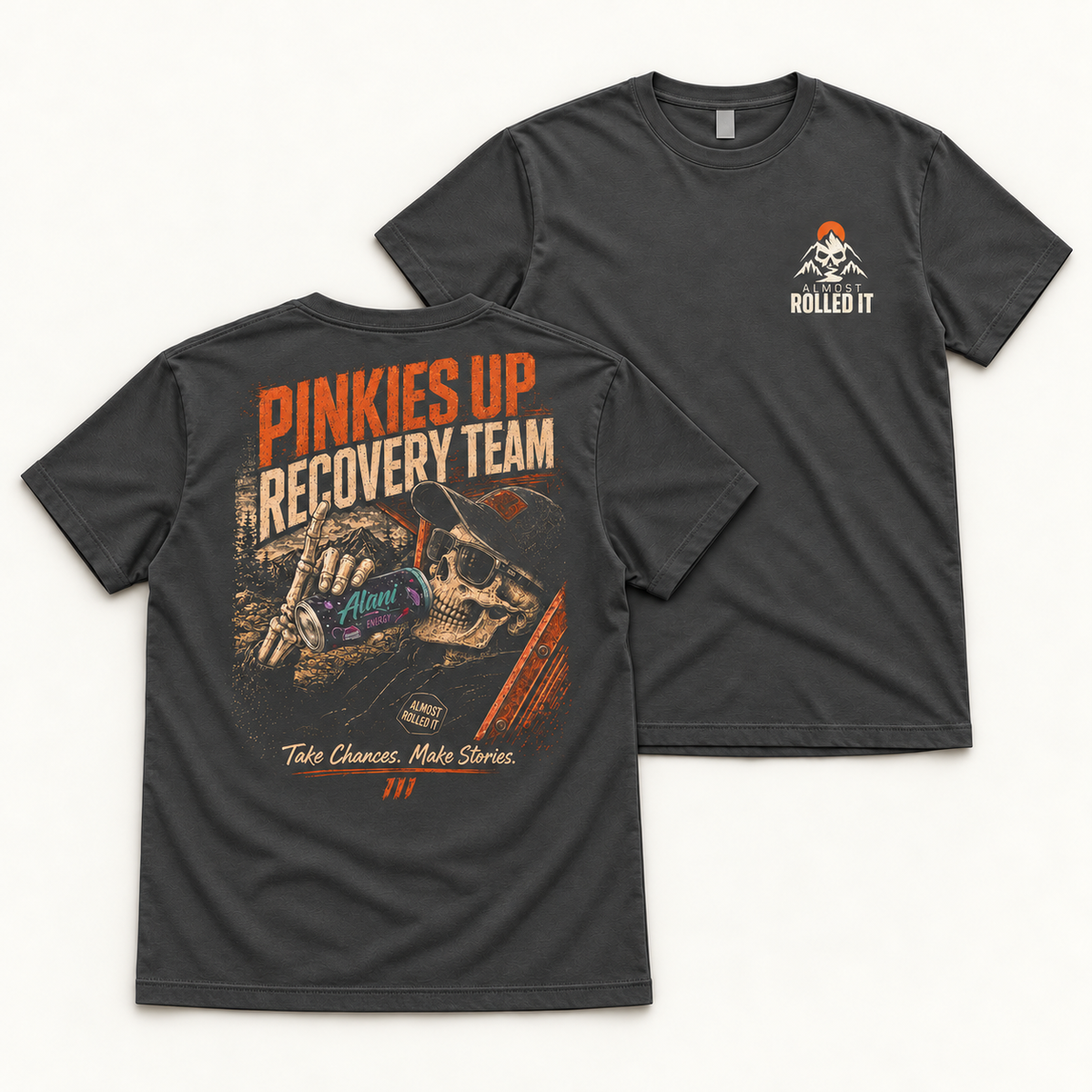 Front and back flat lays of the Dark Grey Pinkies Up tee, showing the small ARI chest mark and orange-tan Recovery Team back artwork.