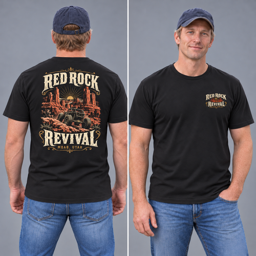 Clean-shaven male model showing the Vintage Black Red Rock Revival tee front and back in a studio.