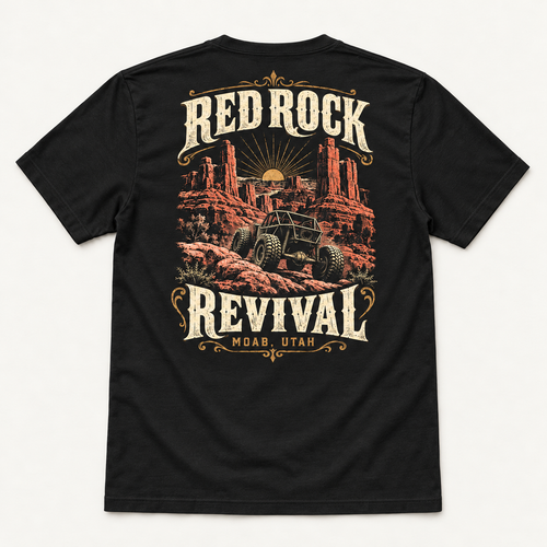Red Rock Revival tee in Vintage Black, back flat lay showing a rock crawler among desert spires beneath the sun.