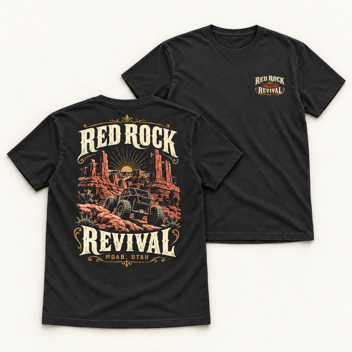 Red Rock Revival tee in Vintage Black, back flat lay showing a rock crawler among desert spires beneath the sun.
