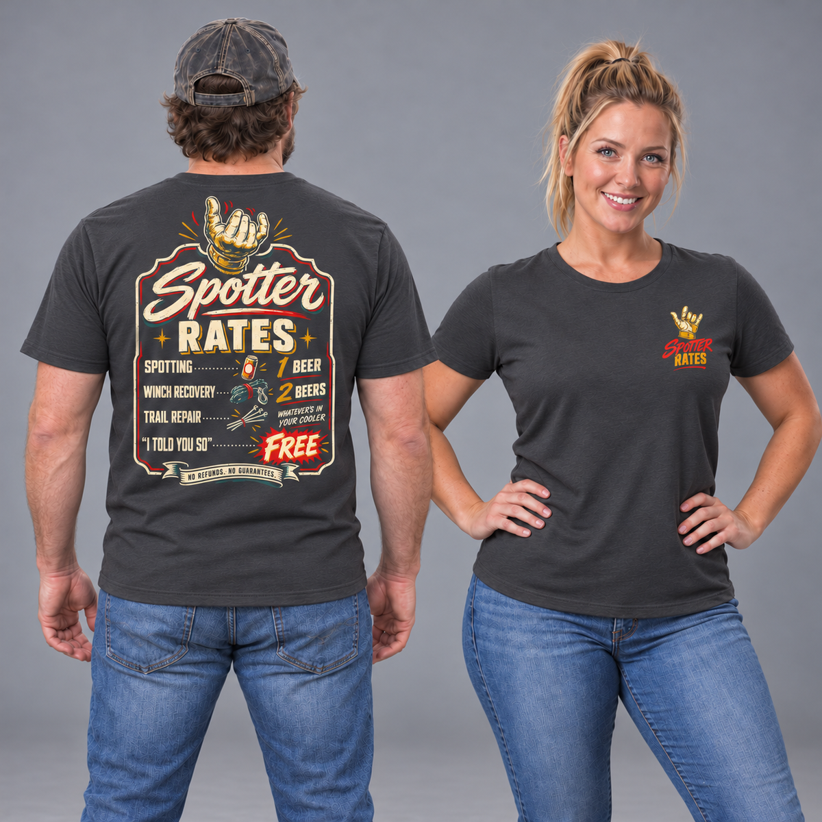 Male back and blonde female front studio views of the Dark Grey Spotter Rates tee.