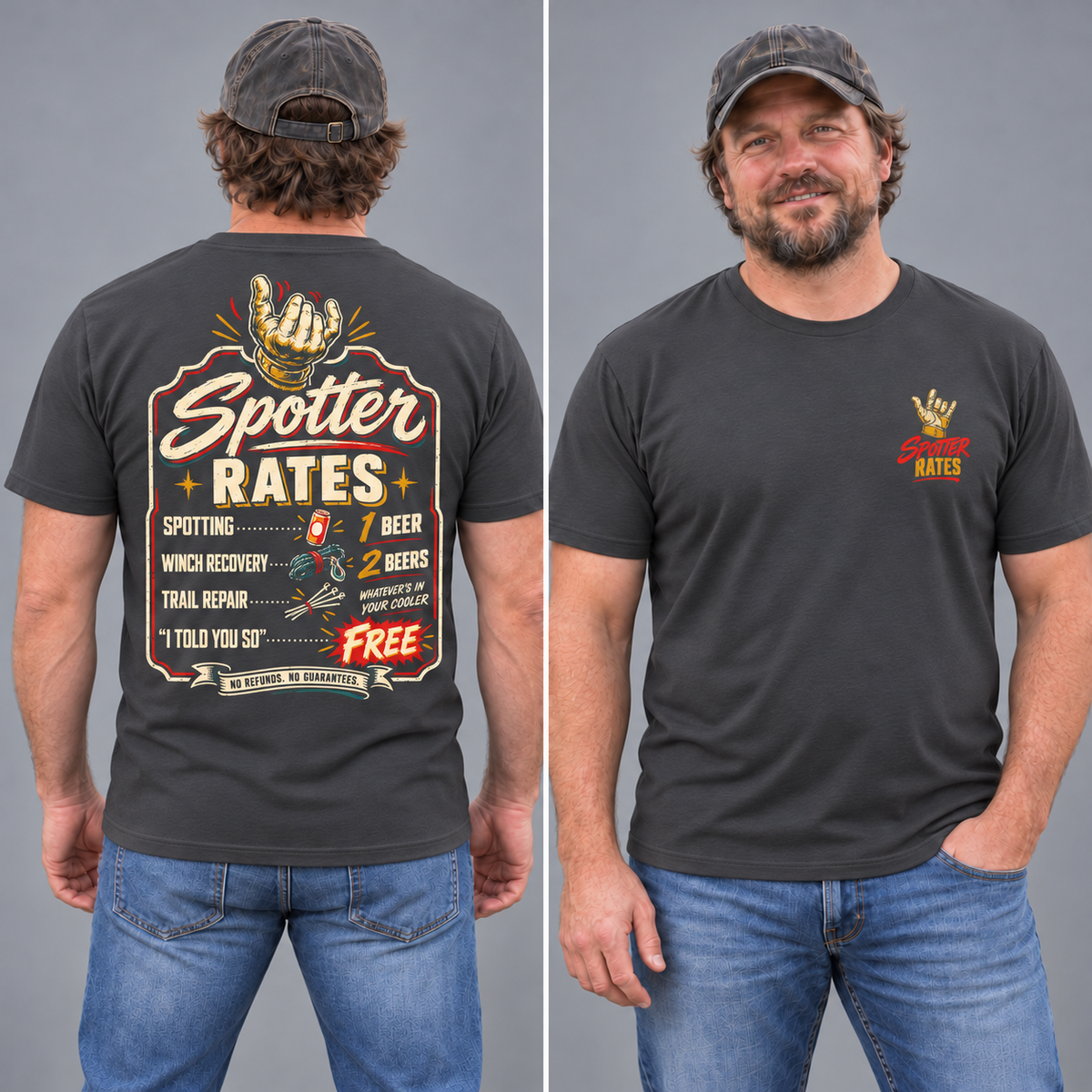 Scruffy male model showing front and back of the Dark Grey Spotter Rates tee.