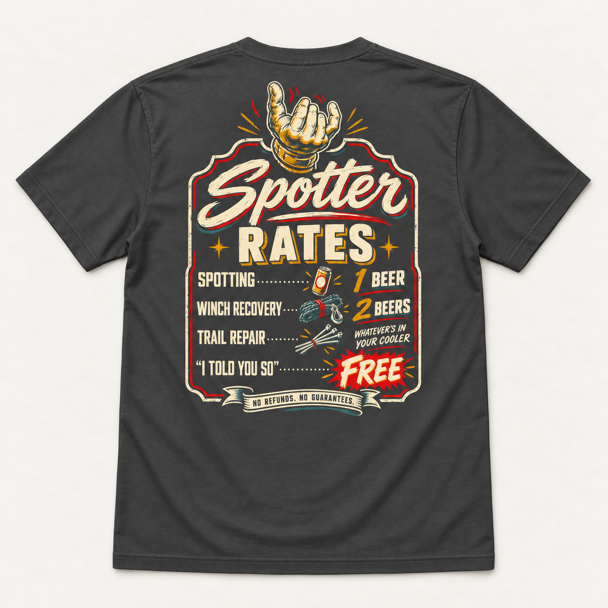 Spotter Rates tee in Dark Grey, back flat lay showing the vintage spotting and recovery rate sign.