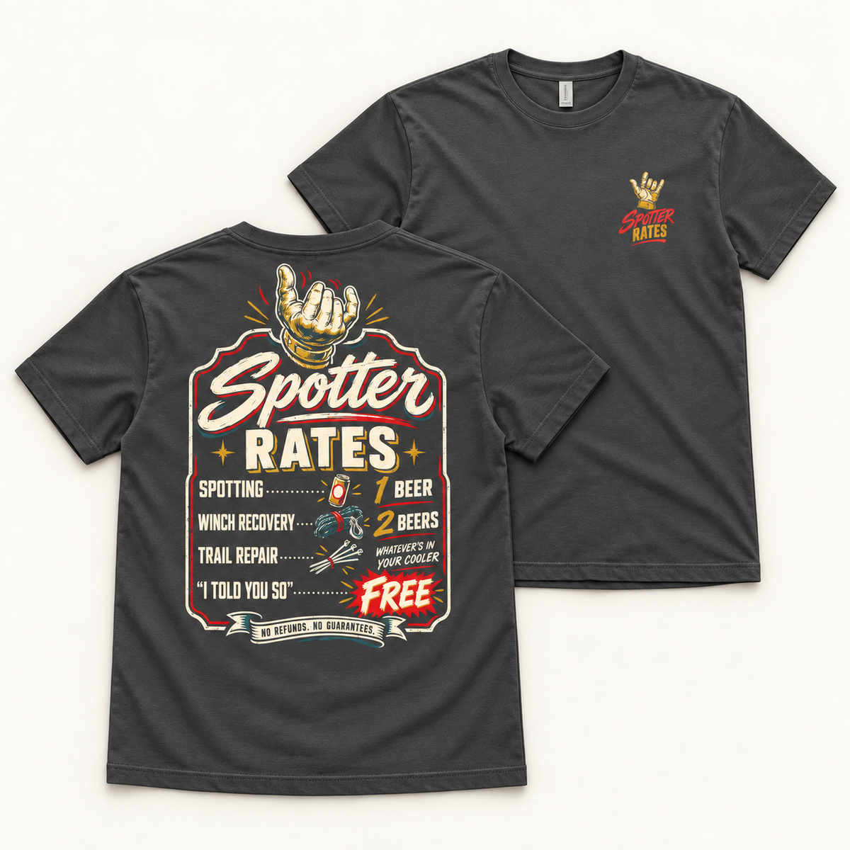 Spotter Rates tee in Dark Grey, paired flat lays showing the rate-sign back print and small red-and-gold shaka chest mark.