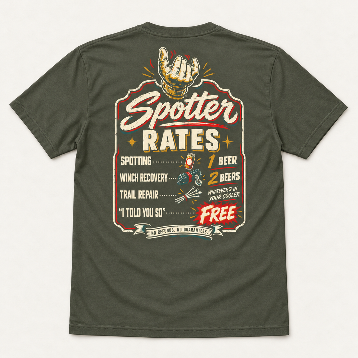 Spotter Rates tee in Dark Olive, back flat lay showing the vintage spotting and recovery rate sign.
