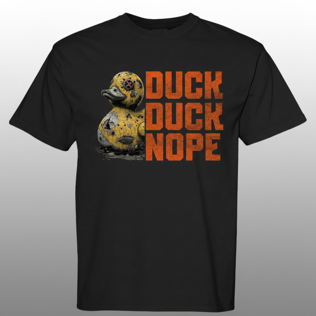 Dark charcoal graphic t-shirt featuring the 'Duck Duck Nope' design in a hand-detailed, gritty style for off-road enthusiasts. - black - front