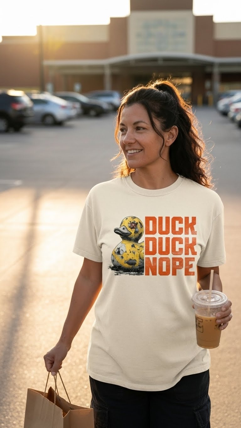 Dark charcoal graphic t-shirt featuring the 'Duck Duck Nope' design in a hand-detailed, gritty style for off-road enthusiasts. - IVORY - FRONT