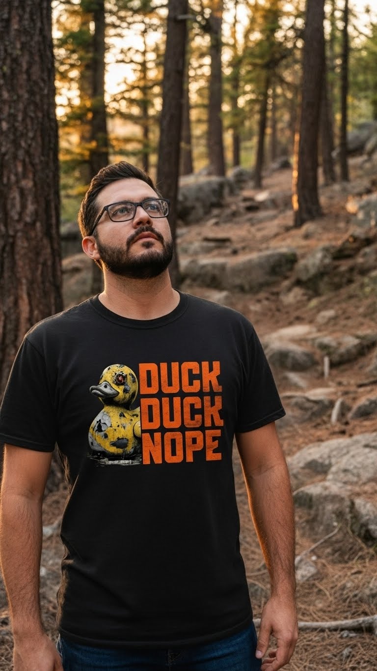Dark charcoal graphic t-shirt featuring the 'Duck Duck Nope' design in a hand-detailed, gritty style for off-road enthusiasts. - black - front