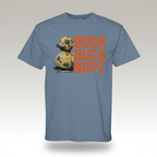Dark charcoal graphic t-shirt featuring the 'Duck Duck Nope' design in a hand-detailed, gritty style for off-road enthusiasts. - DENIM - FRONT