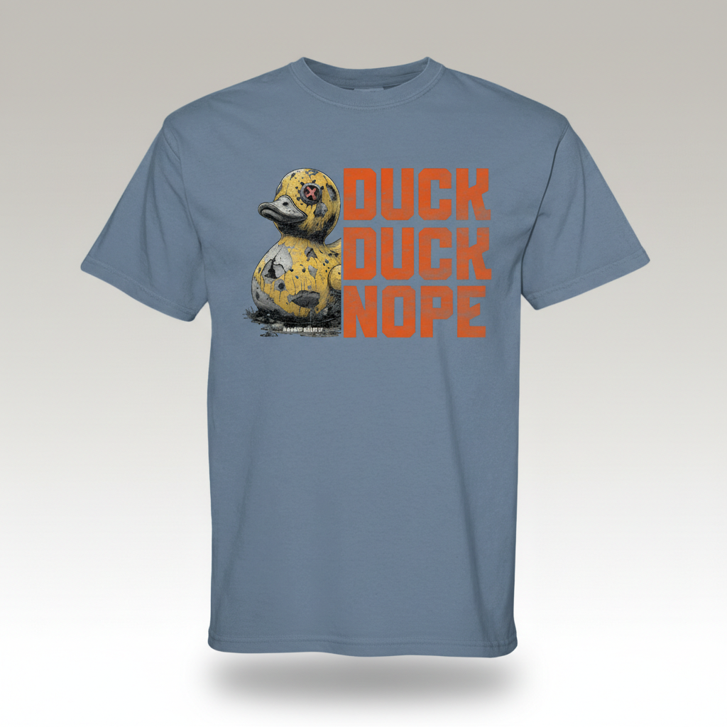 Dark charcoal graphic t-shirt featuring the 'Duck Duck Nope' design in a hand-detailed, gritty style for off-road enthusiasts. - DENIM - FRONT