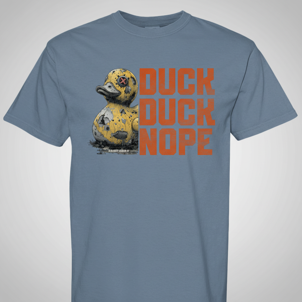 Dark charcoal graphic t-shirt featuring the 'Duck Duck Nope' design in a hand-detailed, gritty style for off-road enthusiasts. - BLUE JEAN - FRONT