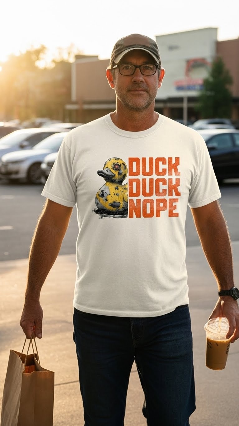 Dark charcoal graphic t-shirt featuring the 'Duck Duck Nope' design in a hand-detailed, gritty style for off-road enthusiasts. - IVORY - FRONT