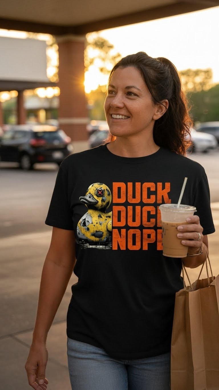 Dark charcoal graphic t-shirt featuring the 'Duck Duck Nope' design in a hand-detailed, gritty style for off-road enthusiasts. - black - front