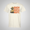 Dark charcoal graphic t-shirt featuring the 'Duck Duck Nope' design in a hand-detailed, gritty style for off-road enthusiasts. - ivory
