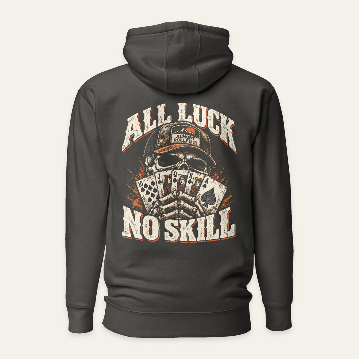 All Luck No Skill Hoodie in Vintage Black — back flat lay. Supplier-derived product mockup; artwork and placement preserved.