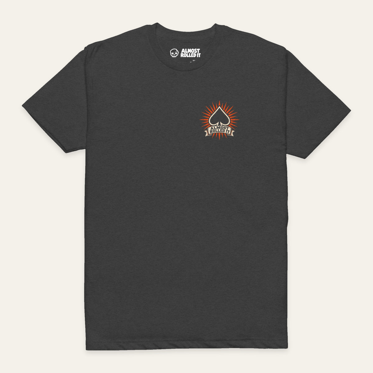 ARI Core Tee in Charcoal — front flat lay. Supplier-derived product mockup; chest artwork and placement preserved.