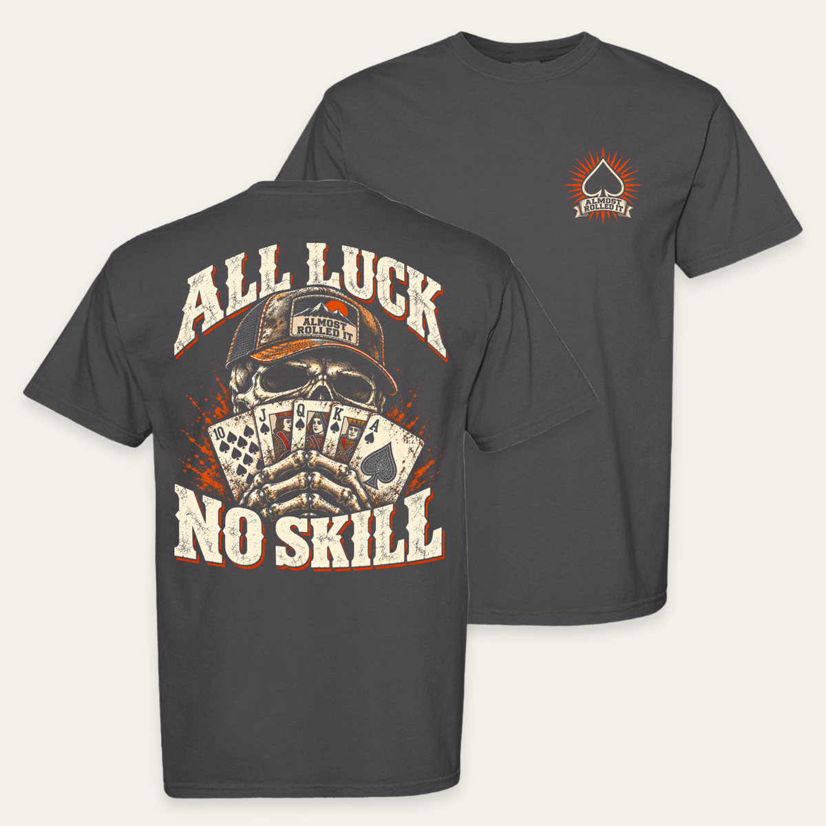 All Luck, No Skill Tee in Graphite — paired front and back flat lay