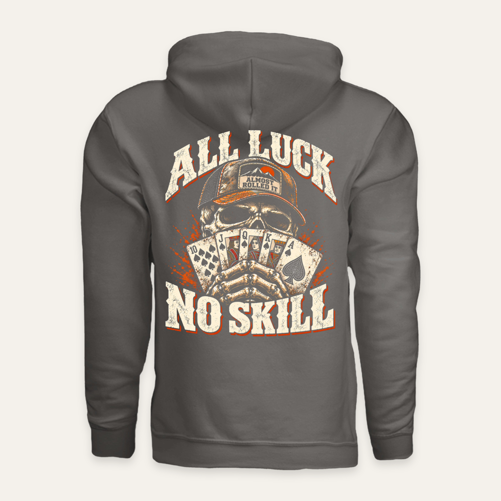 All Luck, No Skill Hoodie in Charcoal — back flat lay