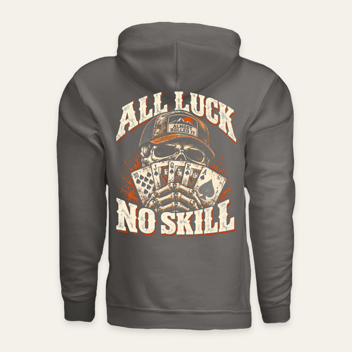 All Luck, No Skill Hoodie in Charcoal — back flat lay