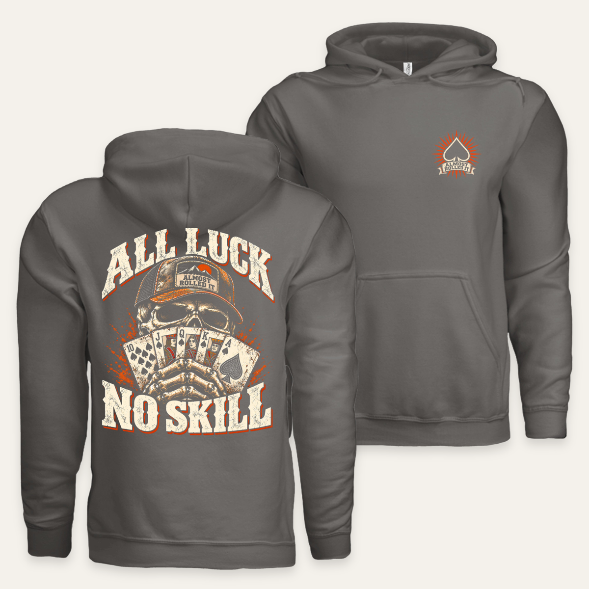 All Luck, No Skill Hoodie in Charcoal — paired front and back flat lay